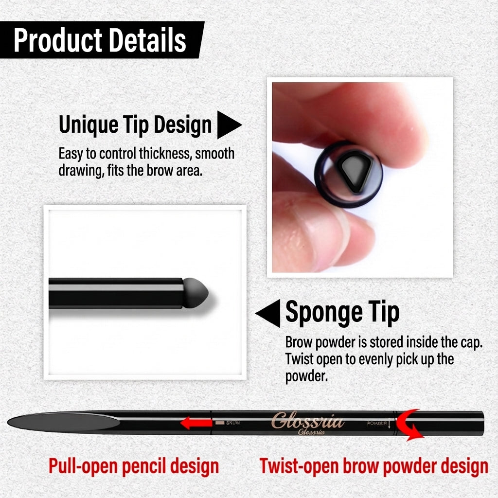 Glossria Dual-Ended Brow Pencil — Waterproof, Sweat-Resistant, Long-Lasting Define & Fill Brow Tool